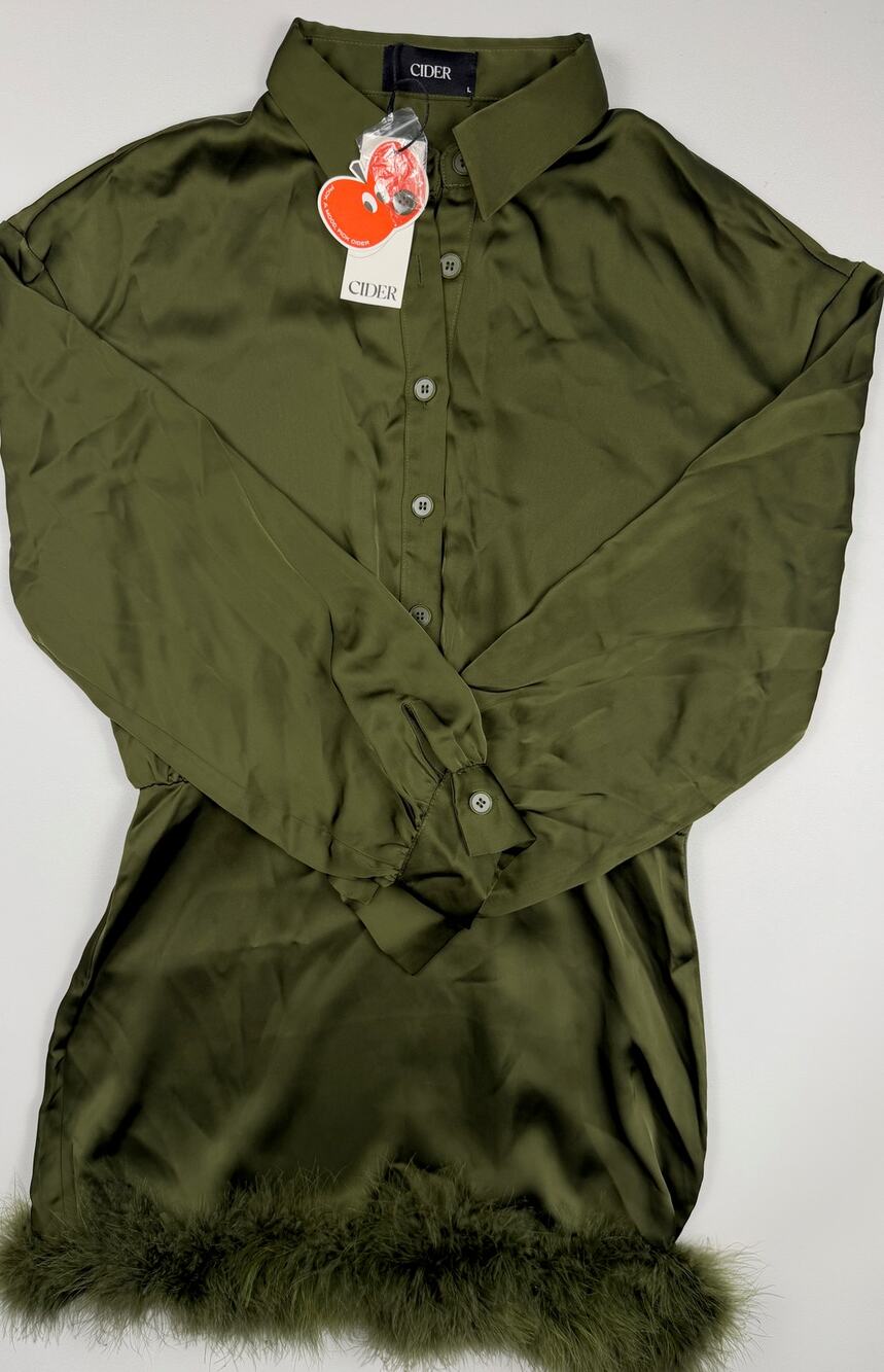 Cider Olive Green Satin Feather Hem Shirt Dress NWT Women's Large